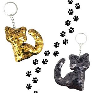 NEW Cat Glitter Keychain Women Accessories Girls Gold Black Sequins Charm